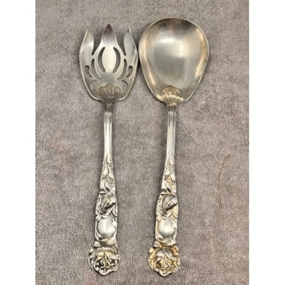 Vtg Italian Salad Serving Set Italy Silverplate Floral Serving Spoon Fork 9.5in